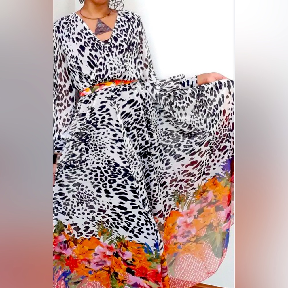 NWT SPY ZONE EXCHANGE Bohemian Chic Wrap Maxi Leopard Floral Dress